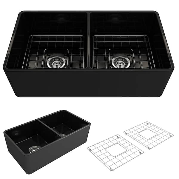 BOCCHI Classico Farmhouse Apron Front Fireclay 33 in. Double Bowl Kitchen Sink with Bottom Grid and Strainer in Black