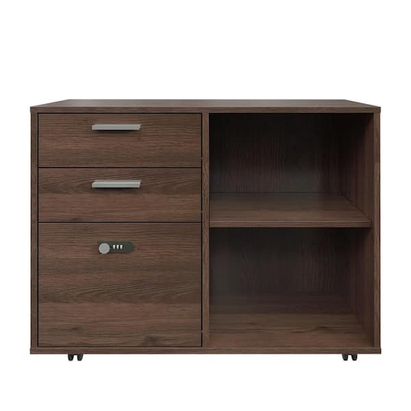 Unbranded Brown 3-Drawer 1 Shelf Brown Oak 23.8 in. H x 32 in. W x 16 in. D Wood Mobile Vertical Letter File Cabinet Password Lock