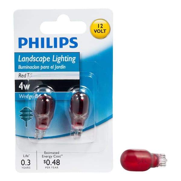 Philips 4-Watt 12 Volt Incandescent T5 Red Landscape Lighting Wedge Base Light Bulb (2-Pack)