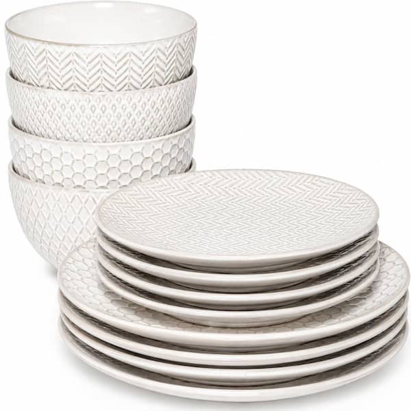 Oyster Tide 12-Piece Round White Stoneware Ceramic Dinnerware Set, Service for 4 Dinnerware Sets