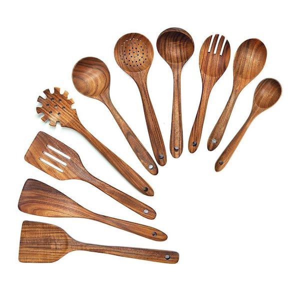 10-Piece Natural Teak Wood Kitchen Utensil Set Heat Resistant Cooking Spoons Spatulas for Non-Stick Pans