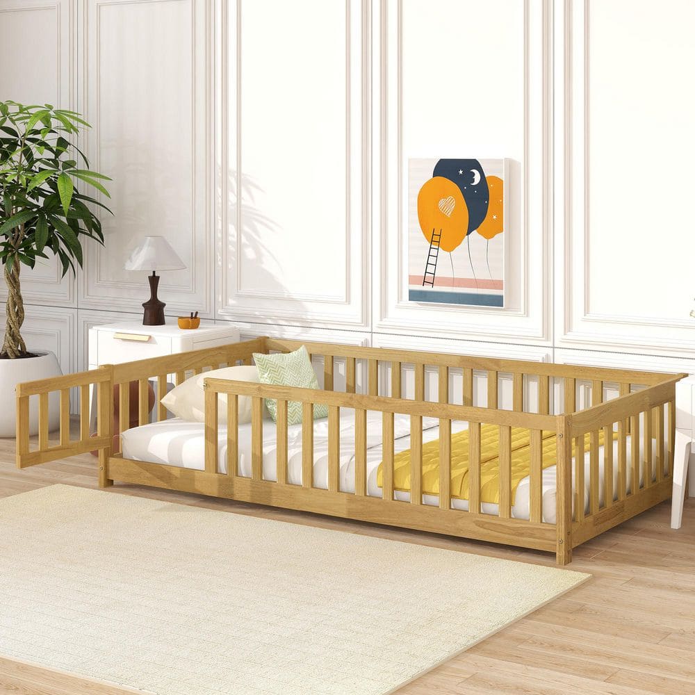 Natural Twin Size Kids Bed with Fence and Door,safety Guardrails