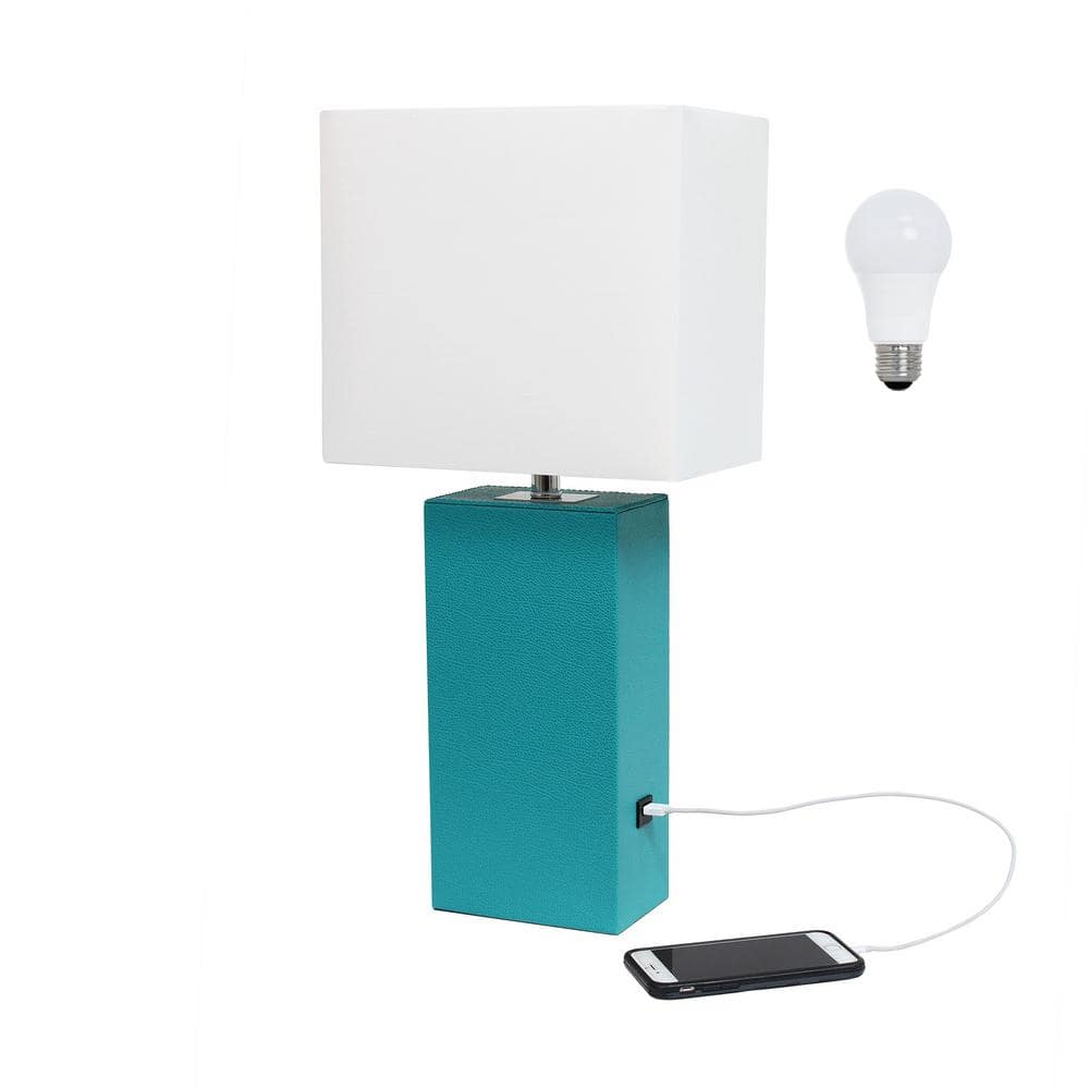 21 in. Teal Modern Leather Wrapped Table Lamp, with LED Bulb Included