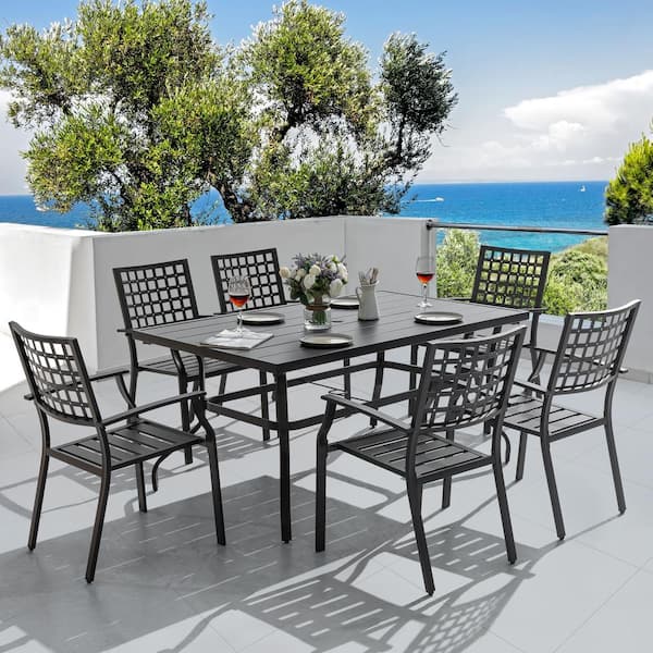 Nuu Garden Black 7-Piece Iron Outdoor Dining Set, 6 Chairs and Rectangle Dining Table with 1.57 in. Umbrella Hole