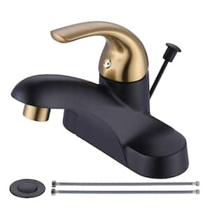 4 in. Centerset Single-Handle Low Arc Bathroom Faucet with Drain Kit Included in Black and Gold