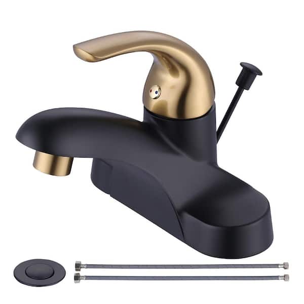 WOWOW 4 in. Centerset Single-Handle Low Arc Bathroom Faucet with Drain Kit Included in Black and Gold