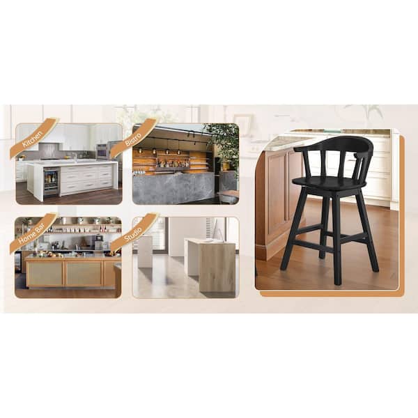 Black Classic Windsor 37.4 in. Swivel Barstool Solid Wood Counter Height Stool with Thicked Spindle Back Set of 3