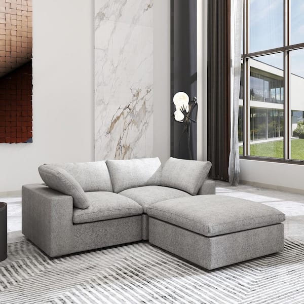3-Piece Gray Linen L Shaped Sectional Sofa Living Room Set with Removable Covers and Ottoman