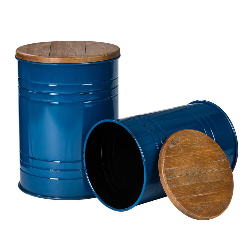 Hunter Green Round Metal & Wood Storage Accent Table Set