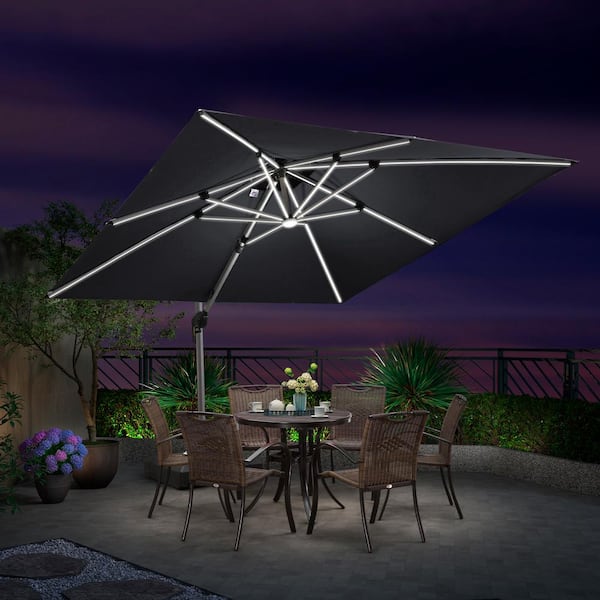 PURPLE LEAF 10 ft. Square Aluminum Solar Powered LED Patio Cantilever Offset Umbrella with Wheels Base, Gray