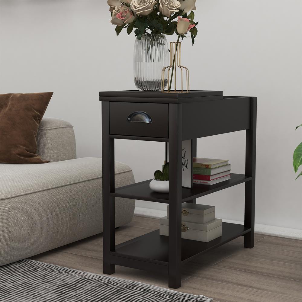 11.81 in. W Dark Brown 23.62 in. H. Rectangle Wood End Table with Shelves
