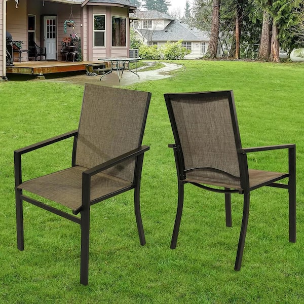 Unbranded Dark Brown Outdoor Dining Chair, Steel Frame Woven Chair with Armrests(2-Pack)
