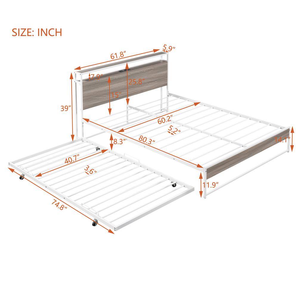 Black Metal Frame Queen Size Platform Bed with Twin Size Trundle, USB Charging Station, Storage Shelves - thumbnail 8