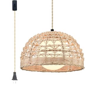 60 Watt 1 Light Yellow Finished Shaded Pendant Light with Rattan Shade and No Bulbs Included