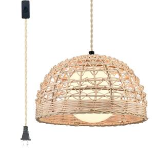 60-Watt 1-Light Yellow Finished Shaded Pendant Light with Rattan Shade and No Bulbs Included