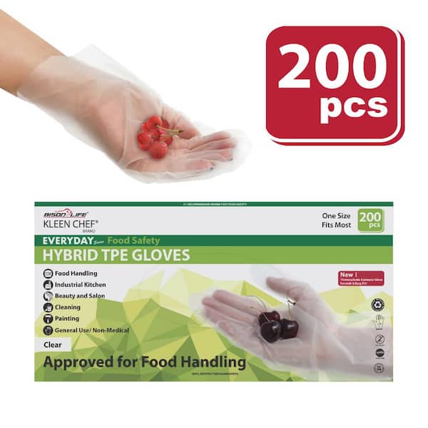 BISON LIFE One Size Fits Most Hybrid Disposable Food Handling Long Cuff TPE Gloves Clear (200-Count)