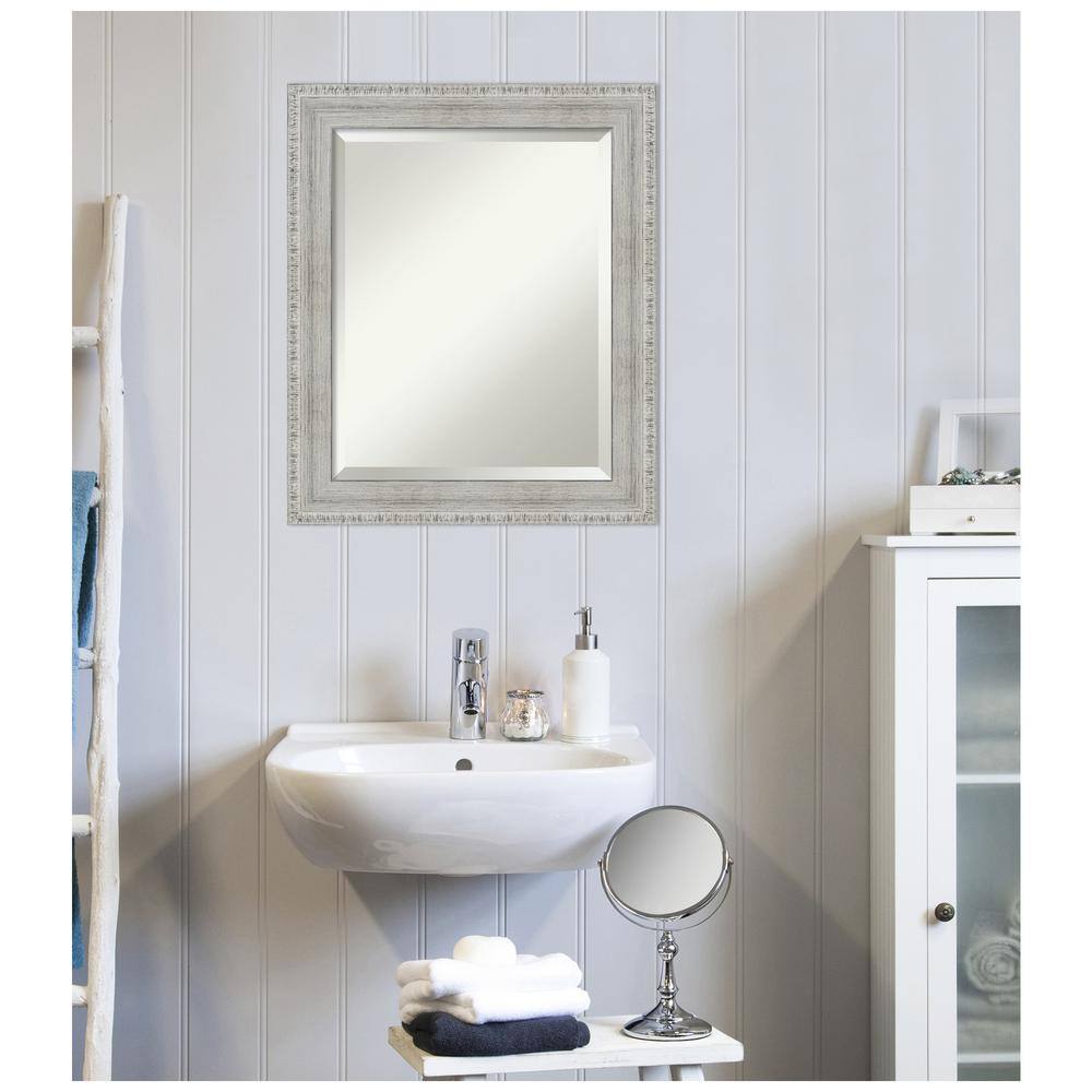 Rustic White Wash 31" x 27" Beveled Wood Wall Mirror