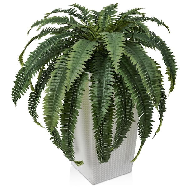 48 in. Artificial Boston Fern, Faux Silk Plant Fake Plants for Home Office Decor with White Planter Indoor/Outdoor
