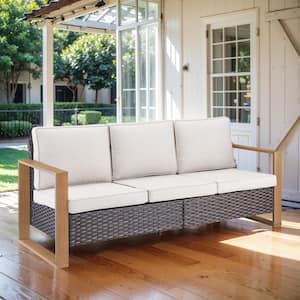 Rectangular Framed Armrest 3-Seat Brown Wicker Outdoor Patio Couch Sofa with Deep Seating Beige Fade-Resistant Cushion