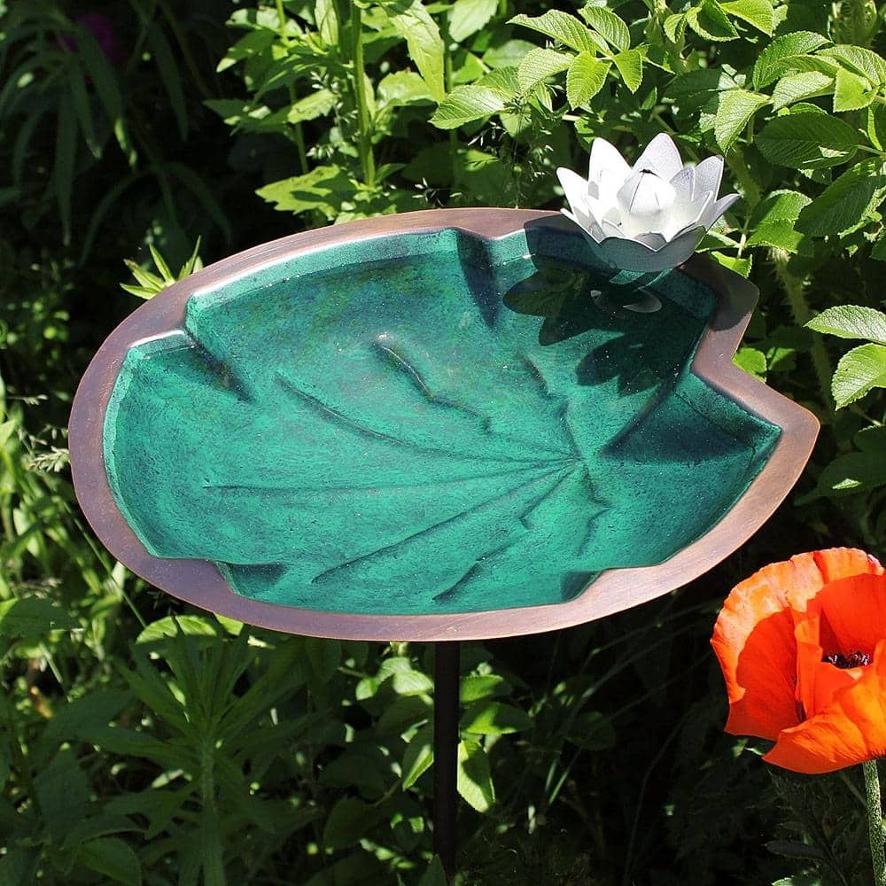 Green Patina Metal Lilypad Birdbath with Stake