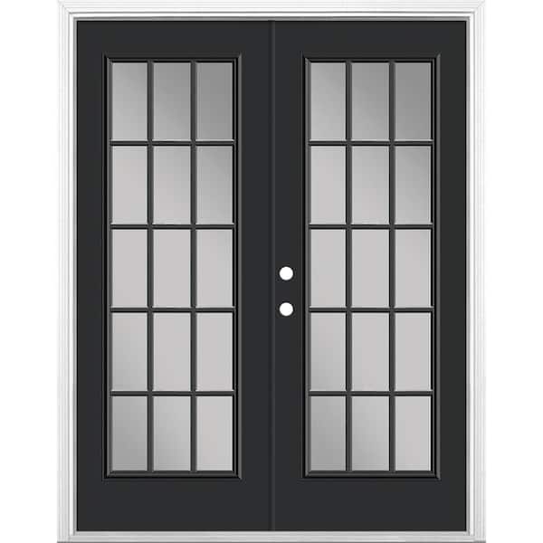 Masonite 60 in. x 80 in. Jet Black Steel Prehung Right-Hand Inswing 15-Lite Clear Glass Patio Door in Vinyl Frame with Brickmold