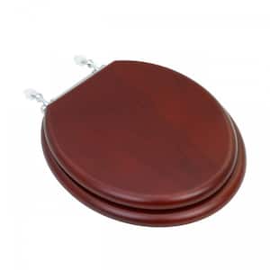 Cherry Finish Wooden Round Front Toilet Seat with Chrome Hinges and Non Slip Bumper