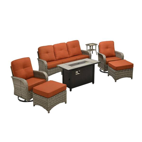 Beverly 7-Piece Wicker Patio Conversation Sofa Swivel Chairs Set with Metal Fire Pit and Orange Red Cushions
