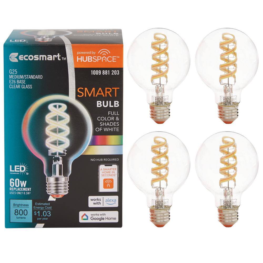 60-Watt Equivalent Smart G25 Clear Color Changing CEC LED Light Bulb with Voice Control Powered by Hubspace (4-Pack)