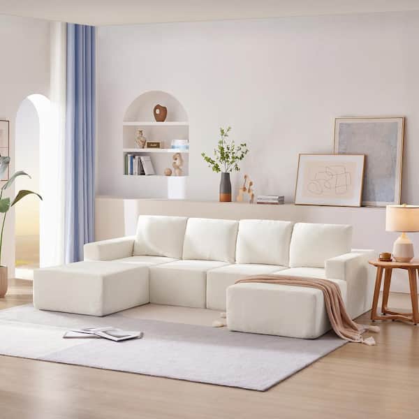 Harper & Bright Designs 110 in. Square Arm 6-seat Chenille U-shape Convertible Sectional Sofa in Beige with 2 Ottoman, Free Combination