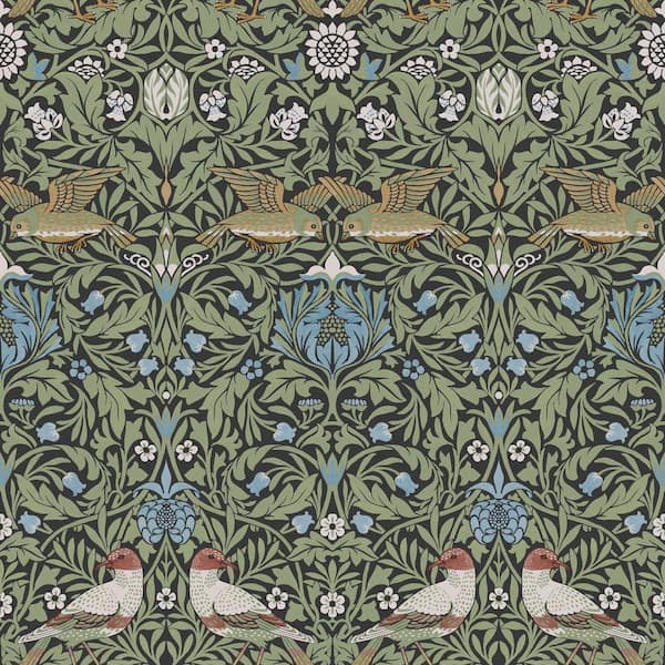 Green Bird Multicolor Floral Thicket Wallpaper