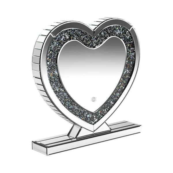 Benjara Theo 4.25 in. W x 20.25 in. H Silver Heart Glass Vanity Table Mirror with Crystal Trim