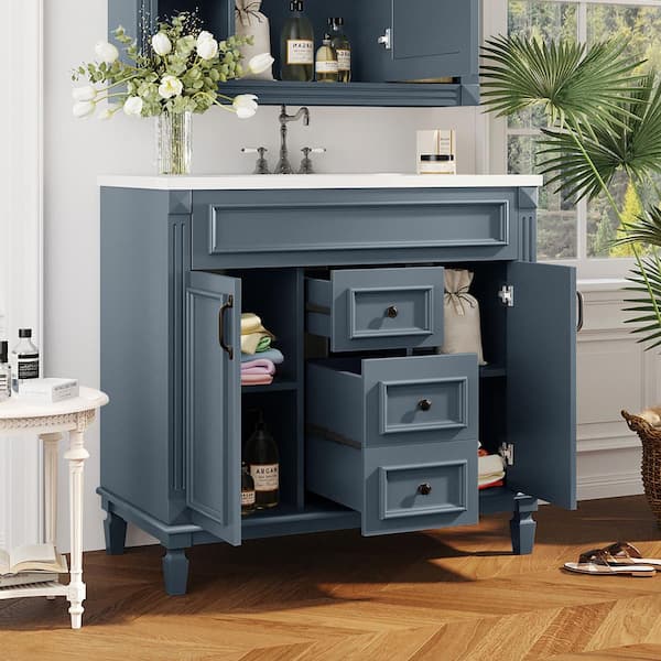 36 in. W x 18 in. D x 34 in. H Single Sink Freestanding Bath Vanity in Blue with White Ceramic Top