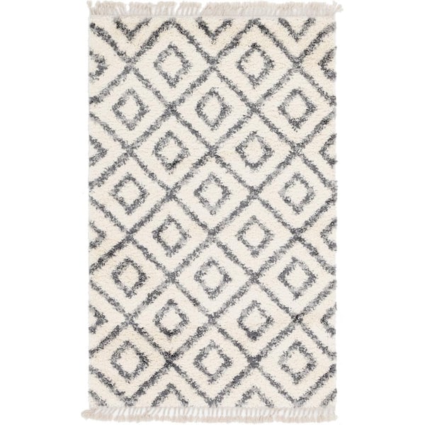 Unique Loom Hygge Shag Diamond Ivory 5 ft. x 8 ft. Area Rug