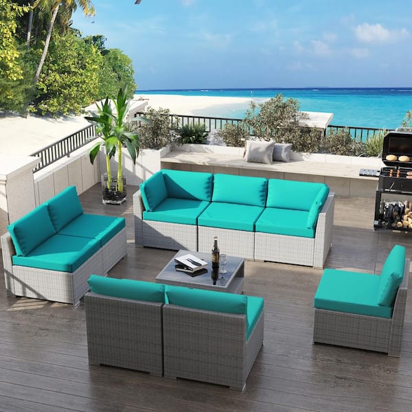 Gardenbee 9-Piece Wicker Outdoor Patio Sectional Sofa Conversation Set with Coffee Table and Turquoise Cushions