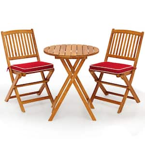 3-Pieces Folding Acacia Wood Bistro Set Patio Conversation Set with Red Cushions