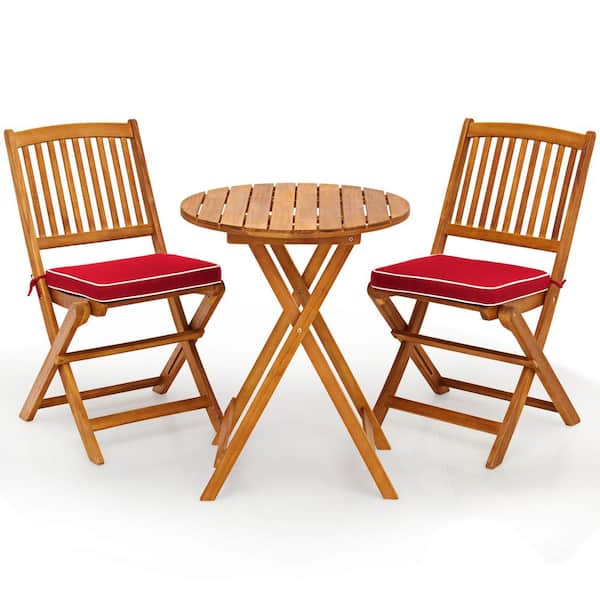 Gymax 3-Pieces Folding Acacia Wood Bistro Set Patio Conversation Set with Red Cushions