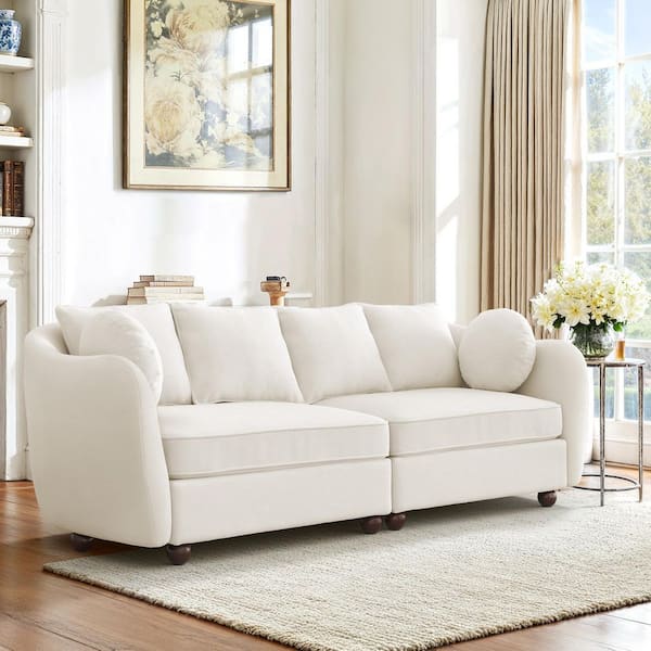 Gido 90 in. Beige Chenille Fabric Upholstered Round Arm Couch Modern Rectangle 3-Seater Sofa with Throw Pillows