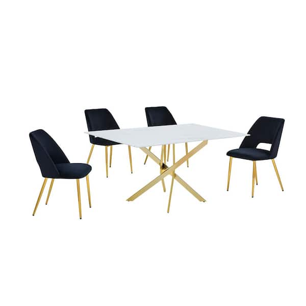 Best Quality Furniture Esteban 5-Piece White Marble Wrap Glass Top Cross Leg Gold Base Dining Set with 4-Black Velvet Fabric Chairs