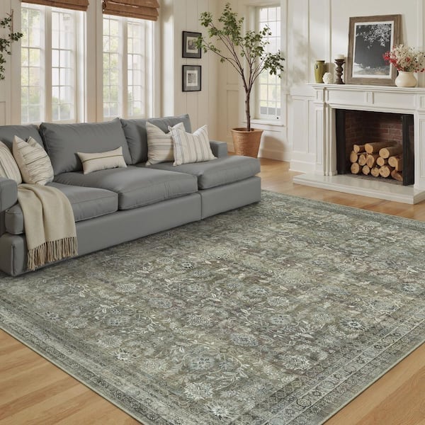 Solo 9 ft. X 12 ft. Brown Distressed Vintage Floral Area Rug