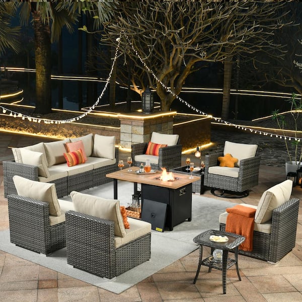 Toject Sanibel Gray 11-Piece Wicker Outdoor Patio Conversation Sofa Sectional Set with a Storage Fire Pit and Beige Cushions