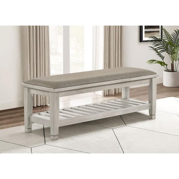 Franco Distressed White and Brown 50.5 in. Bedroom Bench with Slatted Shelf
