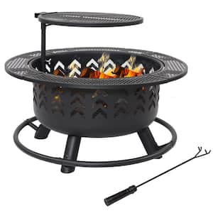 32 in. (81.3 cm) Arrow Motif Black Steel Fire Pit with Grill and Cover
