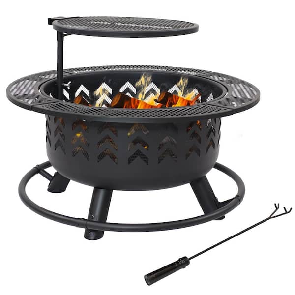 Sunnydaze Decor 32 in. (81.3 cm) Arrow Motif Black Steel Fire Pit with Grill and Cover