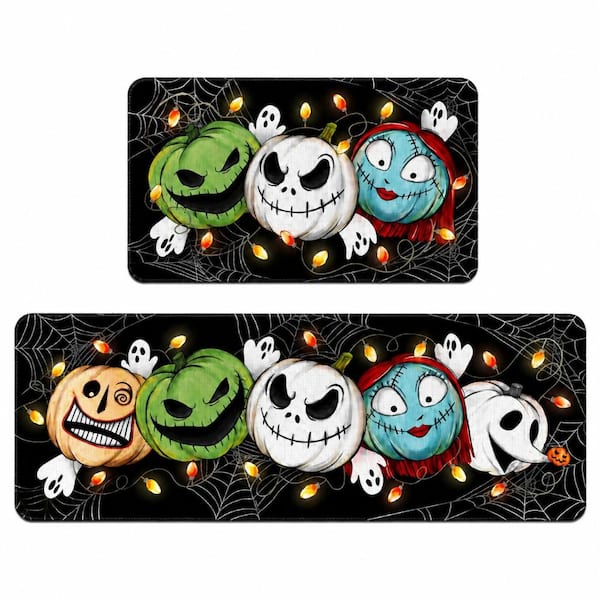 Green Monster Pumpkin Linen Halloween Kitchen Rug Set of 2 for Seasonal Decor with Ghost Print