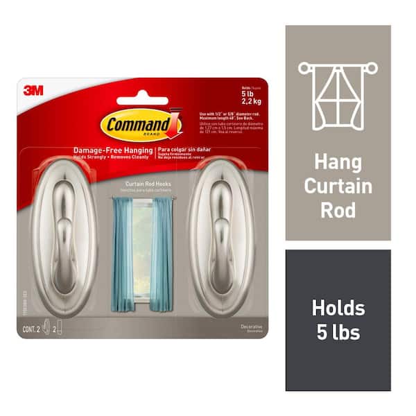 Command Brushed Nickel Curtain Rod Hooks (2-Hooks, 2-Strips) 17053BN-2ES -  The Home Depot