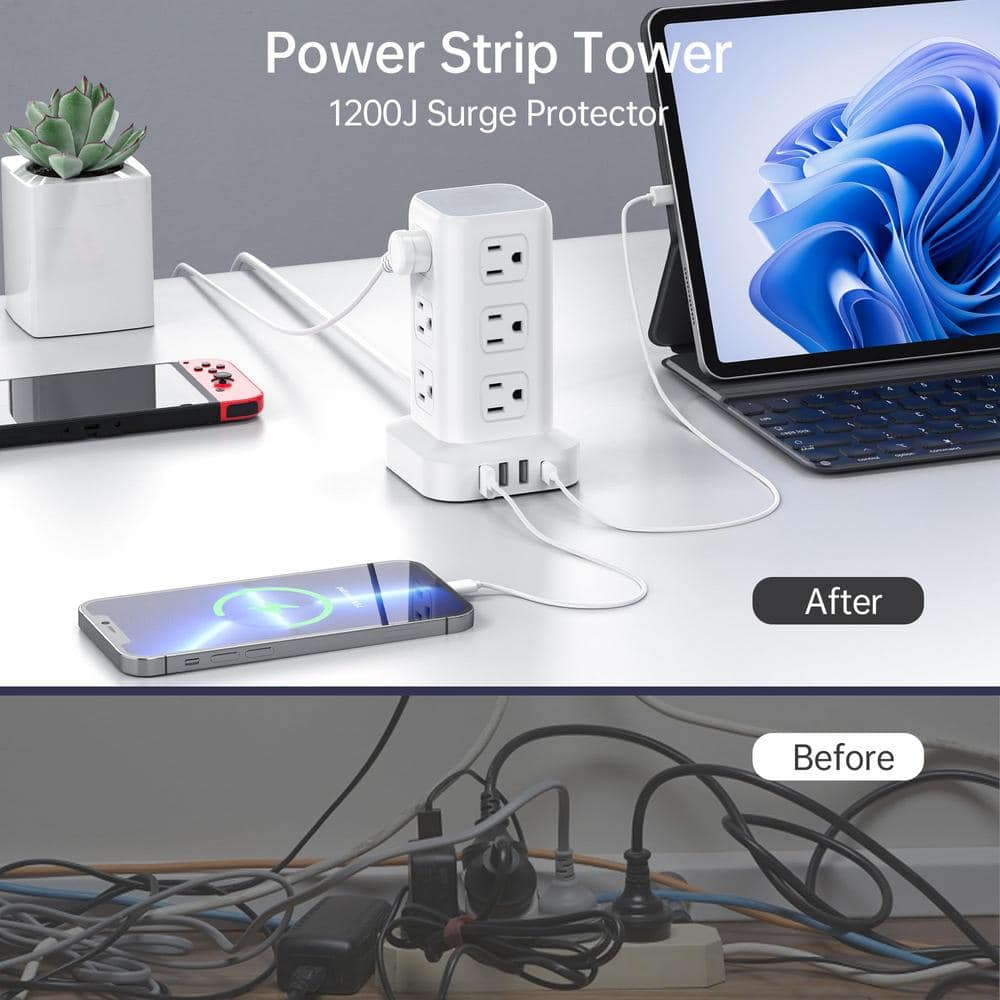 White Tower Power Strip Surge Protector with 12 Outlets and 4 USB Ports