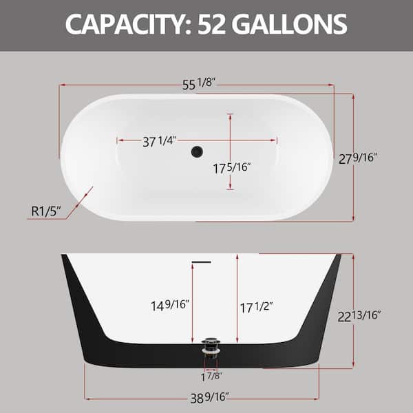 55 in. x 27.5 in. Acrylic Freestanding Soaking Bathtub with Center Drain Flat Bottom Free Standing Oval Tub in Black