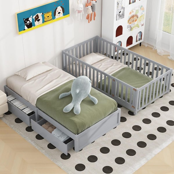 Gray Twin Daybed with Fence Guardrails and 2 Drawers