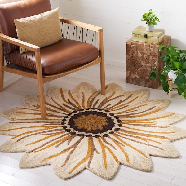 Novelty 3 ft. x 3 ft. Gold/Beige Floral Round Area Rug