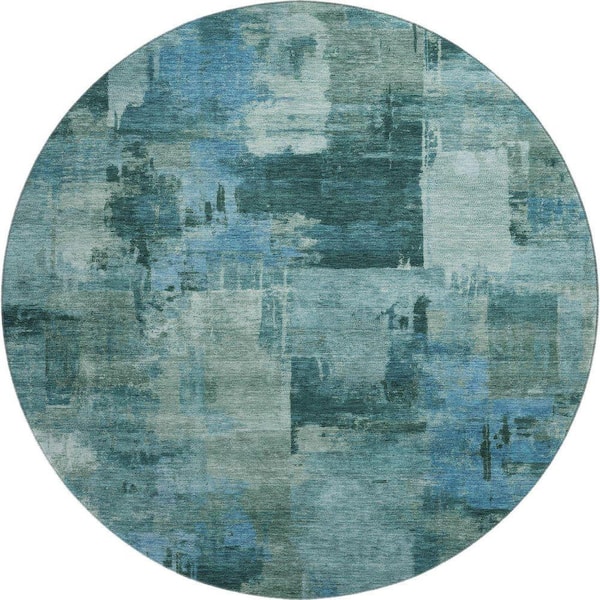 Mayfield Premium Machine Washable Abstract AMF2069 Teal 8 ft. x 8 ft. Round Rug